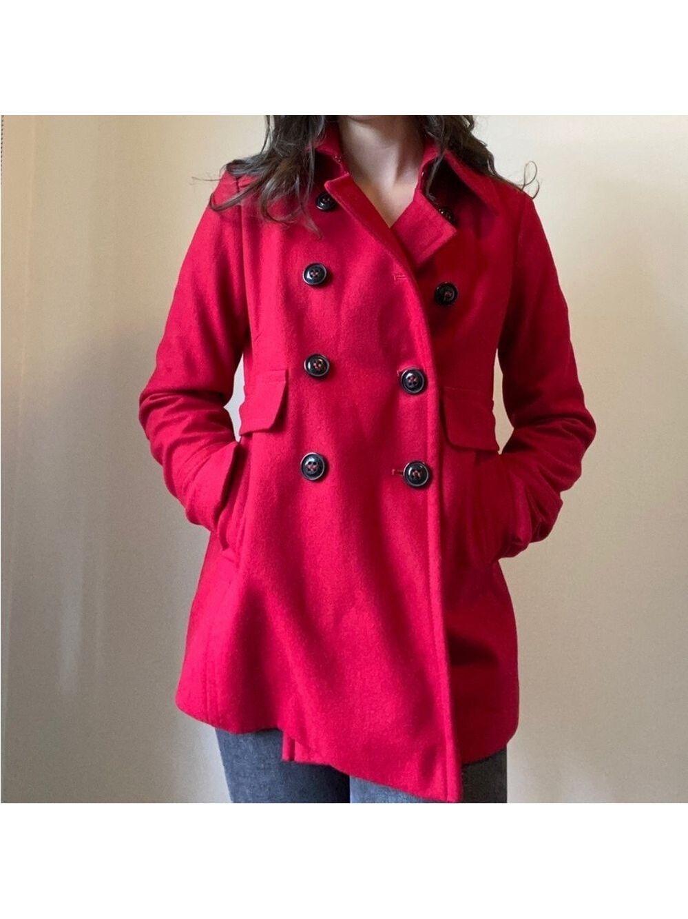 DKNY Red Wool Blend Double Breasted Pea Coat, Size 8